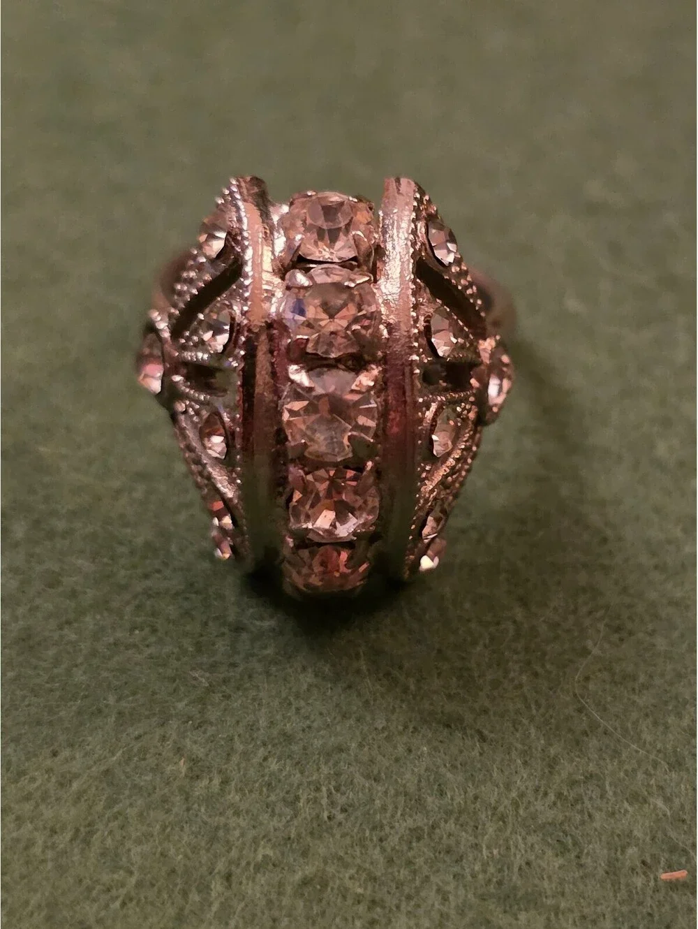 Silver Tone Rhinestone Dome Art Deco Fan Cocktail Ring Adjustable